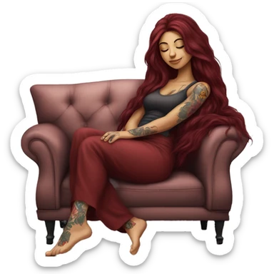 Beautiful tattooed burgundy long haired woman napping on sofa sticker