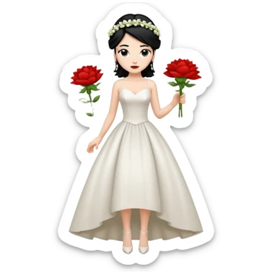 Chica blanca,cuerpo entero, vestido boda tirantes finos, pelo negro recogido con mechones y zapatos tacon y 1 flor en la cabeza sticker