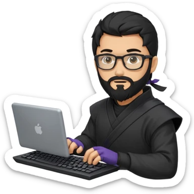 Man with black hair and beard wearing glasses in a ninja costume. Keep the top left version, make the beard longer and replace the sword on his with a computer keyboard  sticker