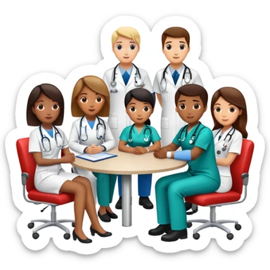 Group of medical professionals sitting around a table in a meeting, with emergency medical symbols sticker