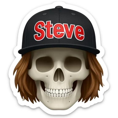 Create a skeleton head wearing a black baseball cap that says " Steve " in red, and white lettering, with brown hair sticker