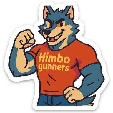 muscular wolf furry wearing a t-shirt that says 'Himbo gunners' sticker