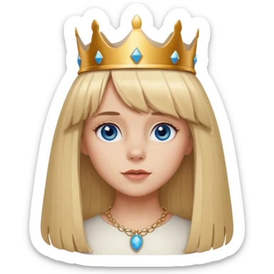 simple Blonde girl with bangs, long straight seductive hair and blue eyes, and a simple crown. giving cockerspaniel energy head only sticker