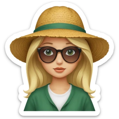 
blonde girl in dark green beach big hat adjusting sunglasses sticker
