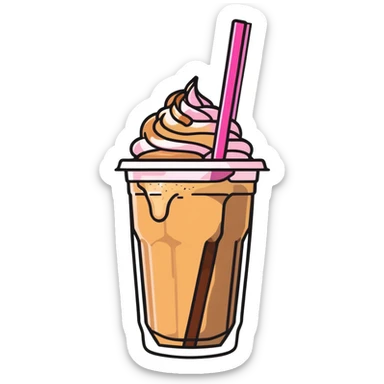 caramel iced coffee in clear cup with pink straw sticker