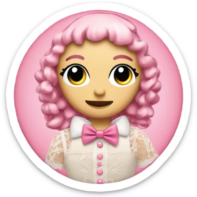 collage of an emoji of a doll with a colour theme of pink, a cd, a bow, lace, and a needle sticker