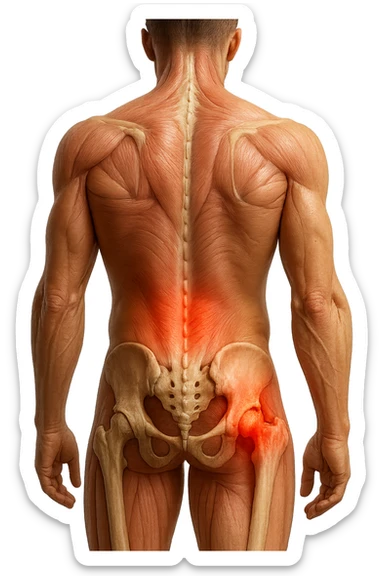 CORPO UMANO ANATOMICO REALISTICO DI SPALLE CON DOLORE ALLA LOMBARE INFIAMMATA, DOLORE ALL'ANCA, IPERREALISTICO 4K sticker