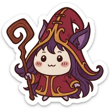 Chiikawa character dressed as Lulu from League of Legends, wearing Lulu's signature hat and holding her staff, whimsical and magical style sticker
