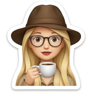 long hair blonde woman drink coffe with hat and glasses sticker