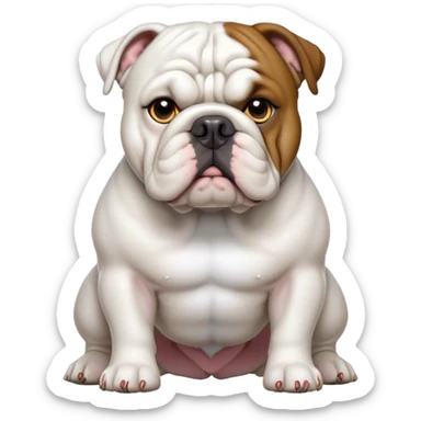 Cinematic Noble White English Bulldog Portrait Emoji, Poised and regal, with a sturdy, muscular build and a pristine, well-groomed pure white coat, deep-set soulful brown eyes, Simplified yet sharp and sophisticated features, highly detailed, glowing with a soft, dignified glow, high shine, intelligent and resolute, stylized with an air of authority, focused and attentive, soft glowing outline, capturing the essence of a watchful and confident guardian, so majestic it feels as though it could lumber out of the screen with effortless authority! sticker