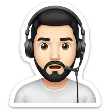 Shocked man with black hair, brown eyes, black beard wearing a gaming headset sticker