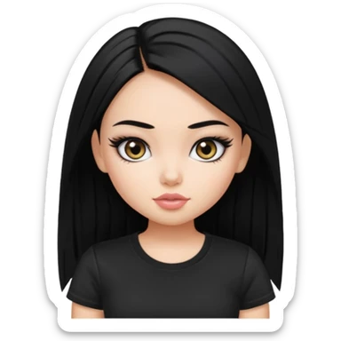 a pretty bratz girl with straight black hair wearing a black tshirt, eyeliner sticker