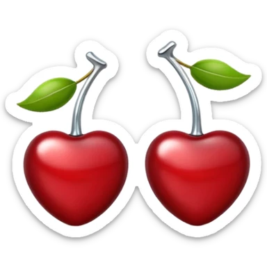 A pair of cherries emoji made of polished silver chrome, smooth rounded shapes, glossy metallic finish, soft highlights and reflections, cute proportions, iOS emoji style, centered, clean white background, no text sticker