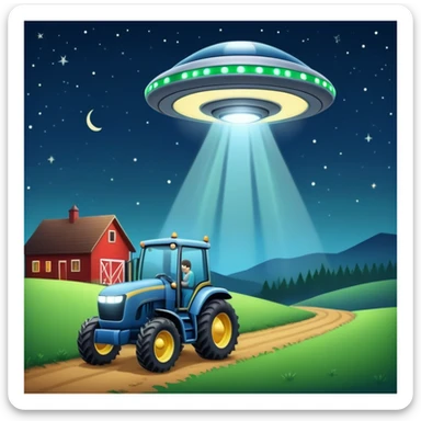 UFO abduction scene with a human being lifted by a tractor beam at night sticker
