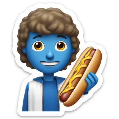 un monsieur brun aux yeux bleus qui mange un hot dog  sticker