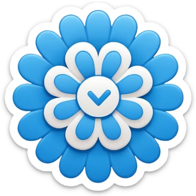 Blue social media verification badge, scalloped circular shape (flower-like edges), solid bright blue color, white bold check mark in center, flat vector emoji style, clean minimal design, symmetrical, transparent background sticker