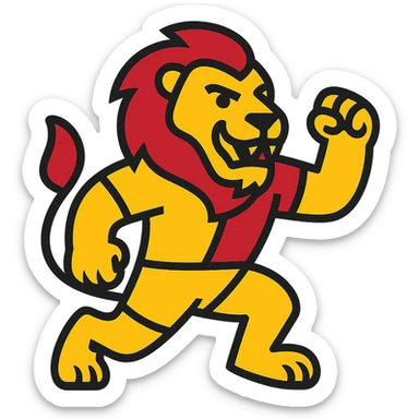 Galatasaray S.K. lion mascot, bold yellow and red colors, energetic pose, sports logo style, clean lineal color icon with black outlines sticker