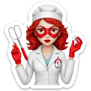 


Scary woman scalpel in hand, evil surgeon sexy surgeon clothes.  She has redcolored  eyes. Her  hair only is free ne brown long curly hair. Wears sexy doctor outfit with red gloves. make her wear red ski mask and nose mask  to hide. Wears white surgeon coat, wears  stilettos sticker
