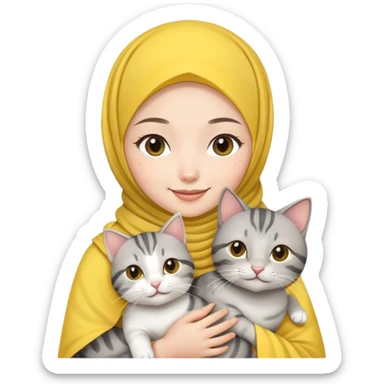Asian White girl wearing yellow hijab and white dress holding a black grey tabby cat while smiling.  sticker