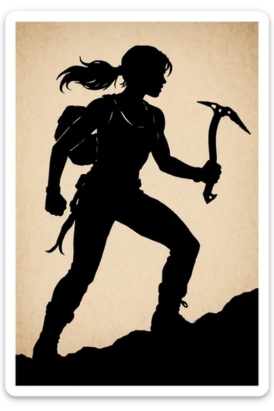 Lara Croft silhouette with backpack and climbing axe, Tomb Raider theme, bold and adventurous, no text sticker