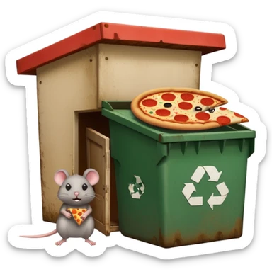 emoji-style icon of a pizza restaurant with a pizza slice sign, an overflowing dumpster next to the building, and a big rat peeking around the corner by the dumpster, unsanitary and dirty, clear at small size, no text sticker
