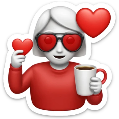 make me an heart emoji which as an sunglass on bt no face and holds a coffee mug, the heart should be read an the whole emoji should look like the whats app or apple emoji, in this style sticker