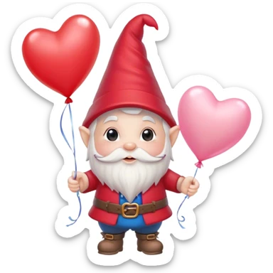 An adorable little pale pink Valentine’s Day style gnome holding balloons with hearts floating in the background sticker
