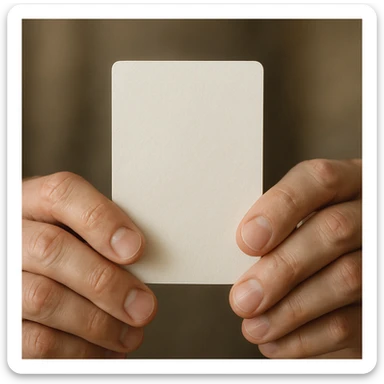 two hands gently presenting a card, thumbs on the front, fingers behind, focus on the card sticker