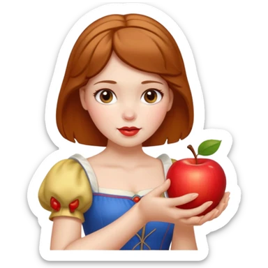 Create an emoji of Snow White holding a red apple, with short golden-brown hair. sticker