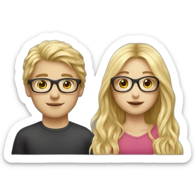 Blond long hair girl with blond boy with glasses, love sticker