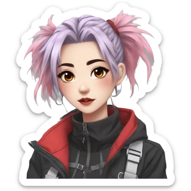 Gorgeous pastel bright techwear anime style lady with blushing face aesthetic and pretty edgy black red white punk messy hair with collar and harness trending style sticker