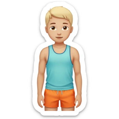Emoji-style person in beach shorts with sunburned shoulders and chest, tank top outline, cute rounded features, soft shading, vibrant colors sticker