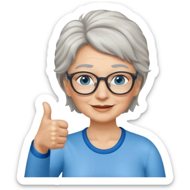 Older woman with blue eyes Ang salt and pepper hair and with glasses giving a thumbs up sticker