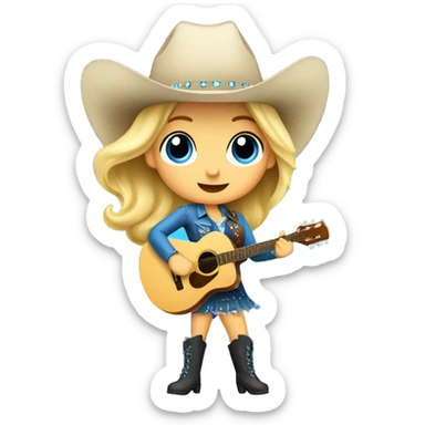 Blonde cowgirl in boots and dress playing guitar and singing blue sparkly  sticker