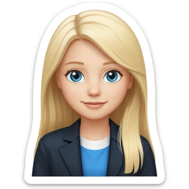 A white girl with long straight blonde hair, blue eyes and a white dress with a black jacket smiling sticker