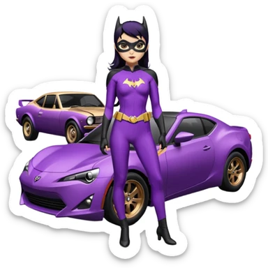 Relaxed adult 60’s Batgirl themed Satin black and rose gold painted Scion FR-S pursuit vehicle hot rod off road capable (tight fitting purple suit with black hair on her) sticker