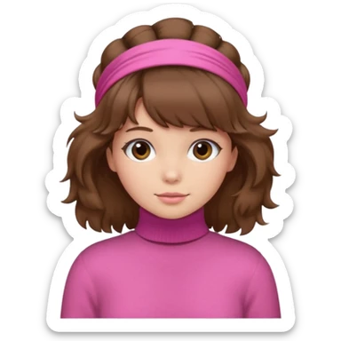 brown fluffy haired girl with pink turtleneck sweater and hair band sticker