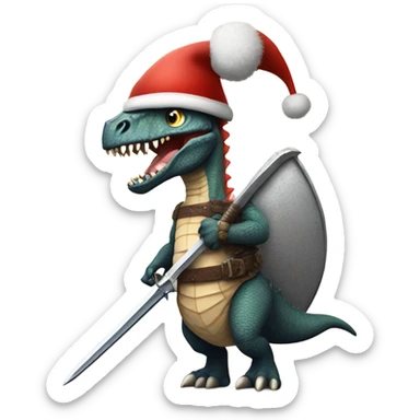 Dinosaur wearing a santa hat holding a midevil sword  sticker