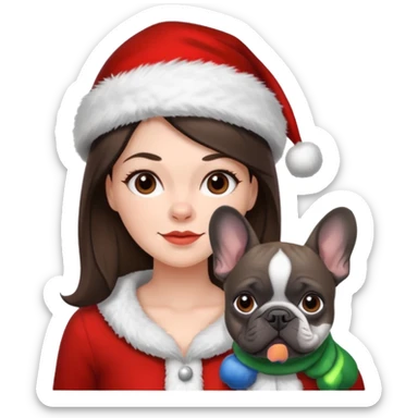 brunette woman with a dark grey French bulldog both wearing Santa sticker