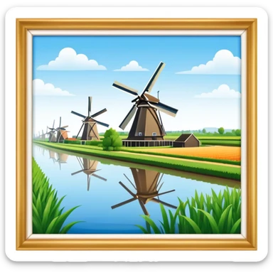 Cinematic Realistic Kinderdijk Windmills Landmark Emoji, showcasing traditional Dutch windmills aligned along a tranquil canal, with lush green fields, soft ripples in the water. sticker