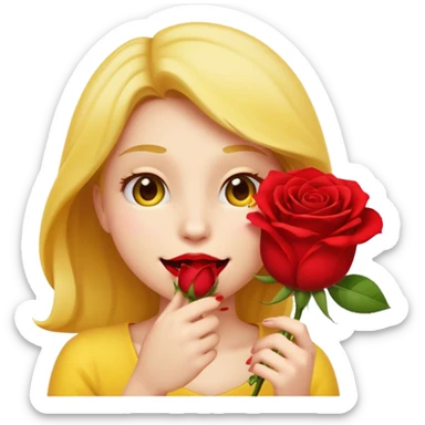 Normal emoji yellow biting a rose flower in romantic  sticker