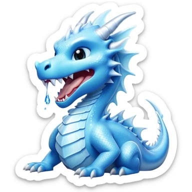 Cinematic Cute Yawning Beautiful Ice Dragon Portrait Emoji, Head tilted slightly with a dramatic, wide-open yawn, revealing a softly crystalline body with subtly drooping, frost-laden scales in cool blues and silvery hues, each detail rendered with natural icy finesse; high shine, relaxed yet elegant, styled with a dash of enchanted winter charm, soft glowing outline, capturing the essence of a sleepy yet graceful ice drake ready to stretch out and melt into a serene, frozen slumber! sticker