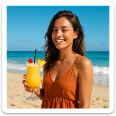 take this picture of a woman and make it  beach photo with drink sticker