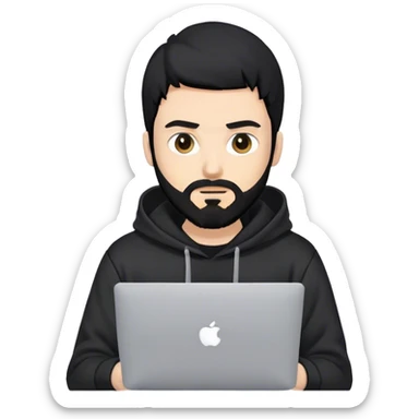 hackeur blanc cheveux noir barbe et capuche noir avec un macbook sticker