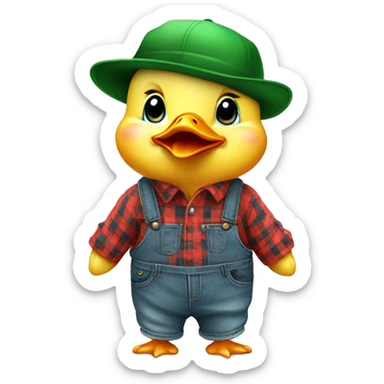cute fluffy chubby baby duck with hand and wear green hat and red checkered shirt and jeans jumpsuit sticker