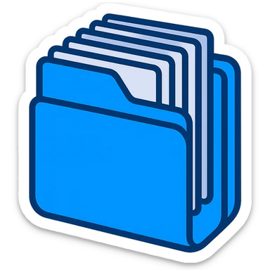 Edit the blue folder to appear thicker and more packed with a lot more documents inside. Keep the style flat and modern, with a fully transparent background. Prioritize clarity and recognizability, ensuring the folder looks full of documents. sticker