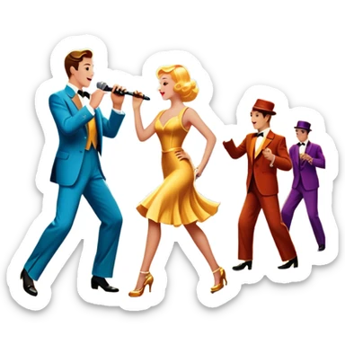 Vintage movie poster-style icon for a musical film. A vibrant street scene with bright lights, dancers mid-step, a singer with a microphone, and a jazz band playing. The cityscape glows in the background, evoking the golden era of musicals. Transparent background. sticker
