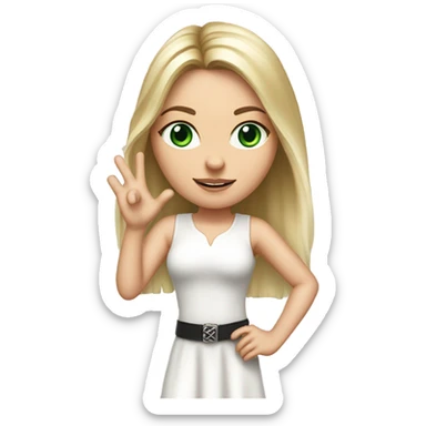 Realistic White girl with Long straight blonde hair, green eyes, tattoos, full body wearing white dress and pink knee-high leather boots, holding up two fingers  sticker