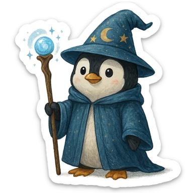 penguin wizard, magical staff, wearing a wizard hat sticker