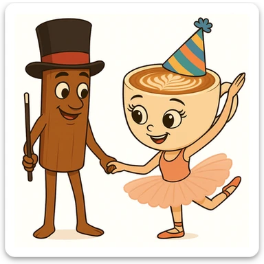 Add a party hat to the coffee cup character and a magician's hat to the cinnamon stick character in the same quality and style as the original image. sticker